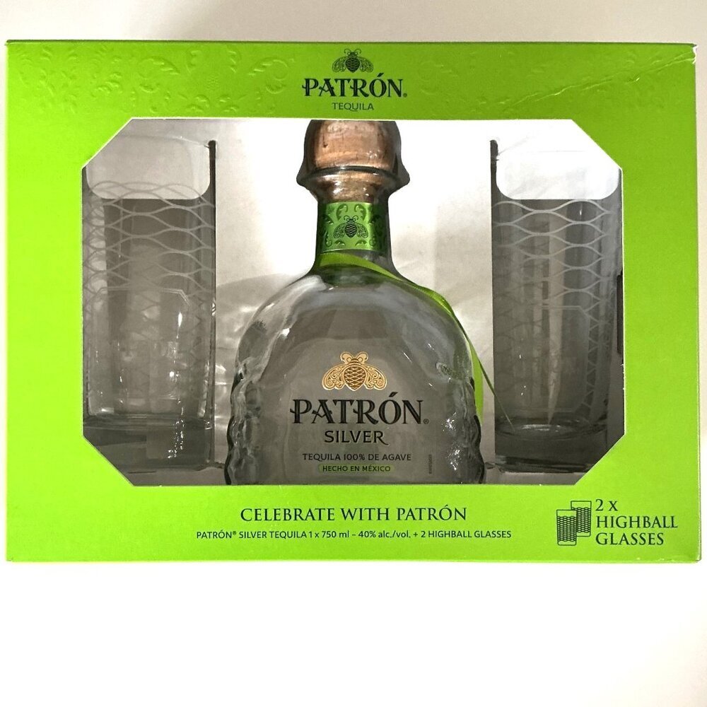 PATRON TEQUILA BOTTLE WITH BAR GLASSES SET NEW BOTTLE DESIGN EMPTY BOTTLE